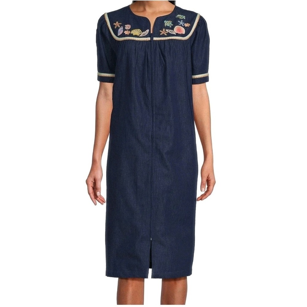 Go Softly Patio House Dress Duster MuMu XL Embroidered Snap Front Sea Life NWT